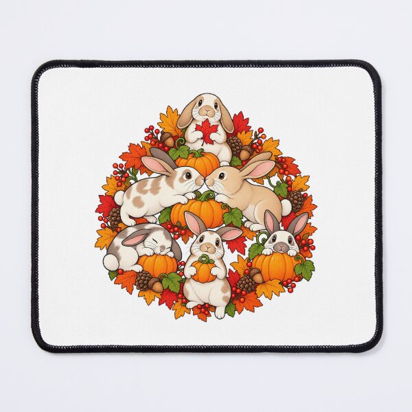 Item preview, Autumn Woodland Bunnies Pumpkins Falling Leaves Harvest Art designed and sold by lamiarte.