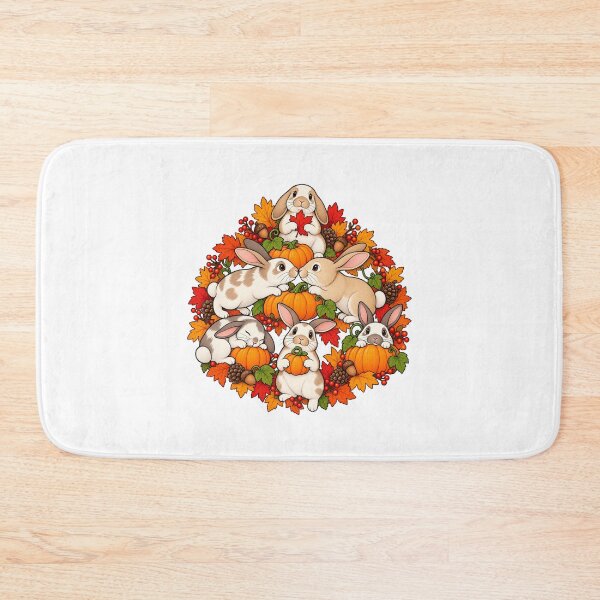 Item preview, Autumn Woodland Bunnies Pumpkins Falling Leaves Harvest Art designed and sold by lamiarte.