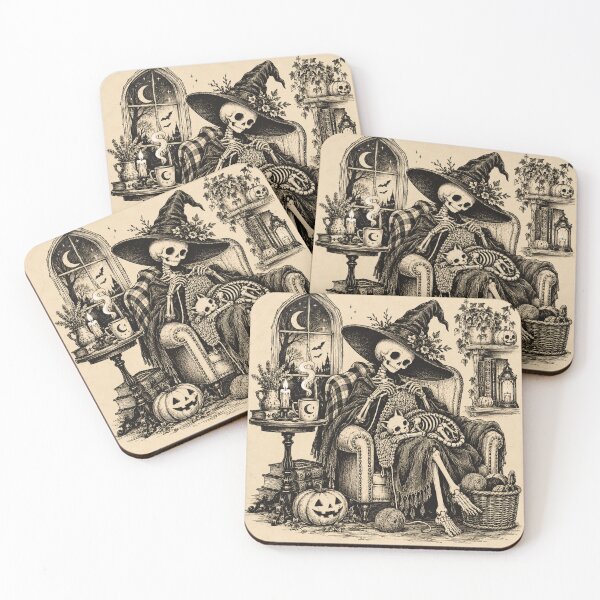 Item preview, Cozy Skeleton Witch Knitting with Cat – Vintage Gothic Halloween designed and sold by Blink Art Studio.