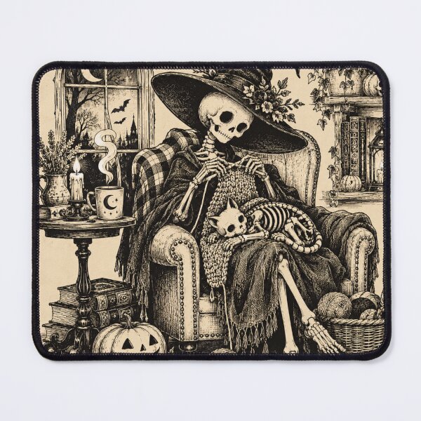 Item preview, Cozy Skeleton Witch Knitting with Cat – Vintage Gothic Halloween designed and sold by Blink Art Studio.