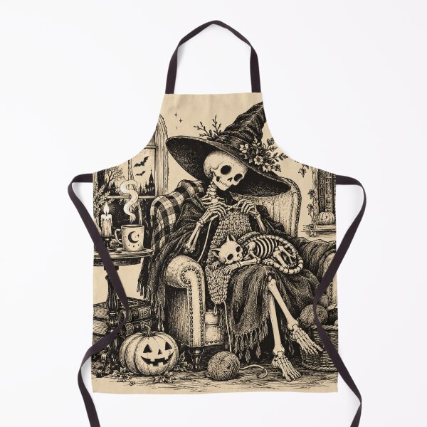 Item preview, Cozy Skeleton Witch Knitting with Cat – Vintage Gothic Halloween designed and sold by Blink Art Studio.
