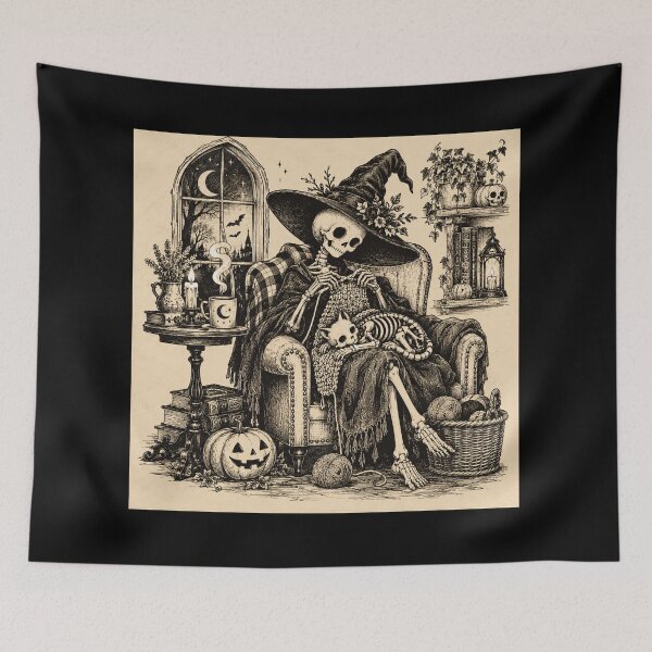 Item preview, Cozy Skeleton Witch Knitting with Cat – Vintage Gothic Halloween designed and sold by Blink Art Studio.