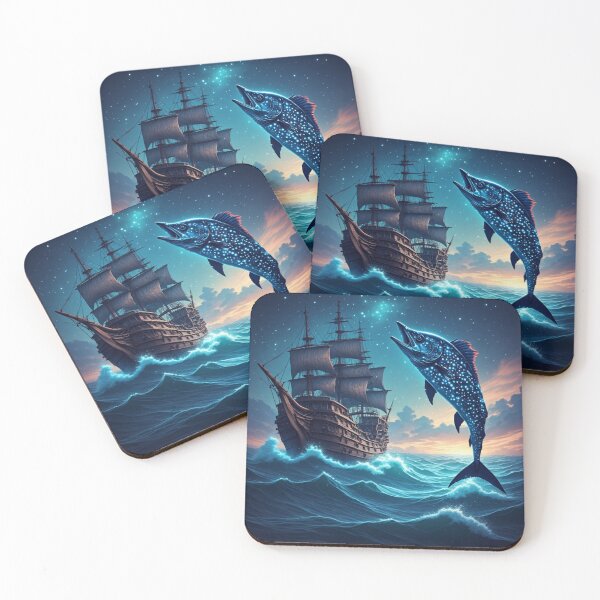 Item preview, Retro Sailing Ship and Glowing Neon Fish Dreamy Ocean Landscape designed and sold by AWADHESH  CHAURASIA.