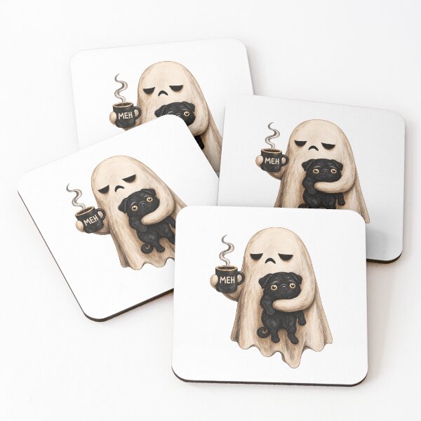 Item preview, Halloween Ghost Holding Coffee and Black Pug designed and sold by hoganpineda.