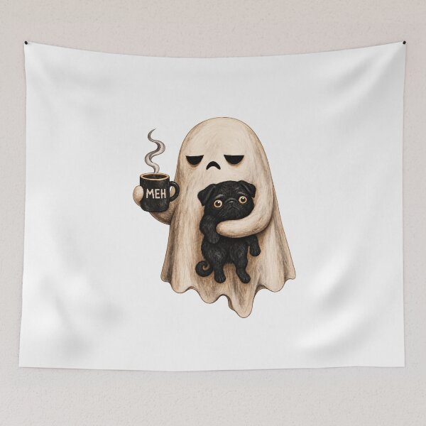 Item preview, Halloween Ghost Holding Coffee and Black Pug designed and sold by hoganpineda.