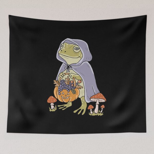 Item preview, Frog Halloween in cape with Jack-o'-lantern basket cottagecore illustration  designed and sold by LeshanArt.