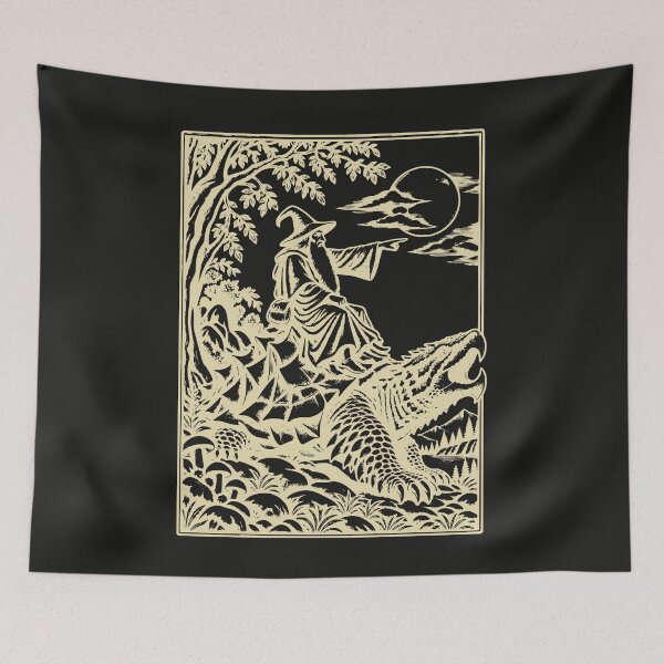 Item preview, Wizard Riding Snapping Turtle - Vintage Woodcut Moonlit Fantasy designed and sold by AmiGraph.