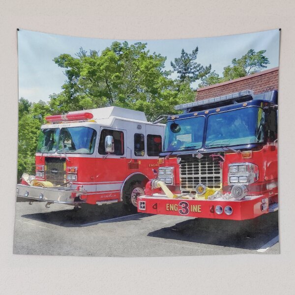 Item preview, Two Fire Engines in Front of Firehouse designed and sold by Susan Savad.