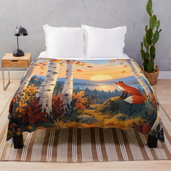 Item preview, Autumn Birch Forest Fox at Sunset – Cozy Woodland Nature Art designed and sold by LexaArtworks.