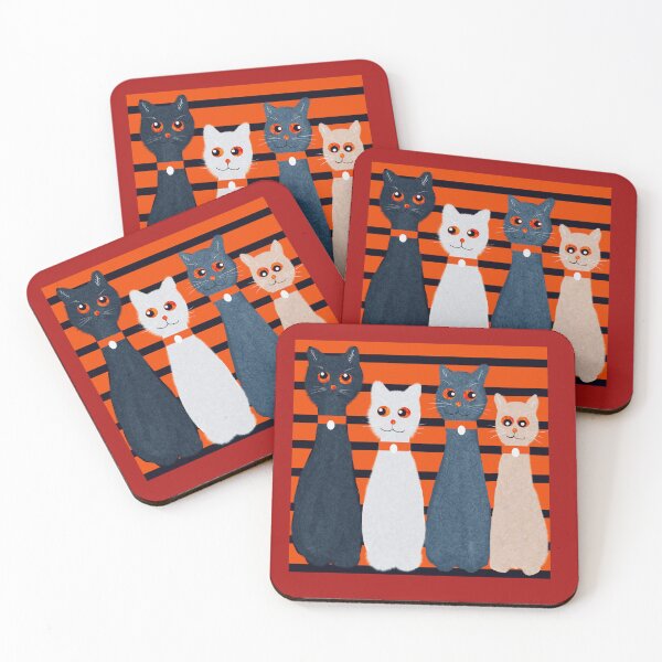 Item preview, Cuatro gatos de dibujos animados sobre fondo a rayas designed and sold by Elaine M Hayward .
