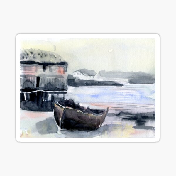 Old boats at Oyster harbor, northwest watercolor Sticker