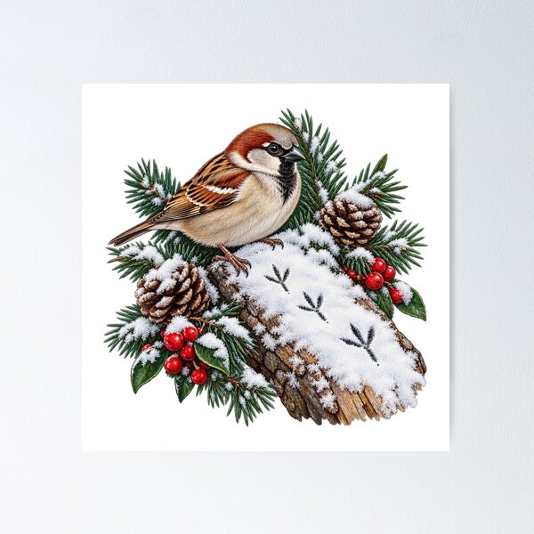 Item preview, Frosted Sparrow Footprints – Winter Birds Illustration designed and sold by Xnuery.