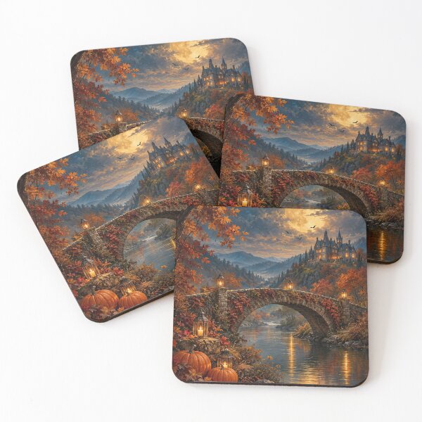 Item preview, Autumn Moonlit Bridge with Pumpkins - Halloween Castle Fantasy Landscape designed and sold by cozypaperstudio.