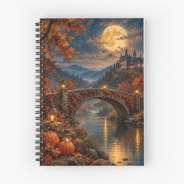 Item preview, Autumn Moonlit Bridge with Pumpkins - Halloween Castle Fantasy Landscape designed and sold by cozypaperstudio.