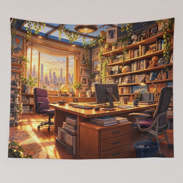 Item preview, Cozy Sunset Office with City Skyline designed and sold by Curio Meridian.