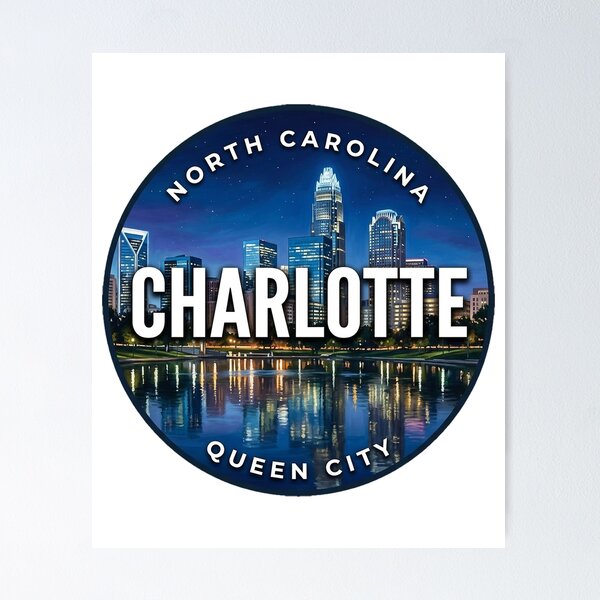 Item preview, Charlotte NC Skyline North Carolina Night Lights Round Badge Sticker designed and sold by DetourDgn.