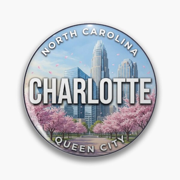 Item preview, Charlotte NC Skyline North Carolina Spring Blossoms Round Badge Sticker designed and sold by DetourDgn.