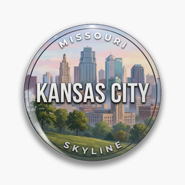 Item preview, Kansas City Skyline Missouri Hilltop Sunrise Round Badge Sticker designed and sold by DetourDgn.