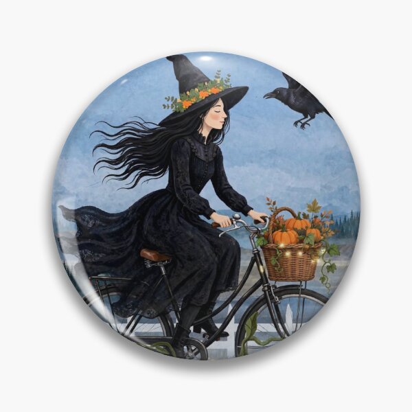 Item preview, Black witch and crow - Bicycle Basket - riding bicycle with pumpkin basket through field with fairy lights designed and sold by DibujandoPorfa.