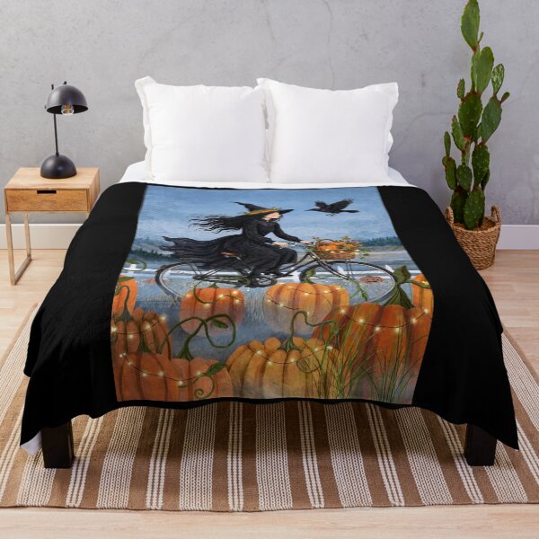 Item preview, Black witch and crow - Bicycle Basket - riding bicycle with pumpkin basket through field with fairy lights designed and sold by DibujandoPorfa.