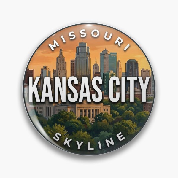 Item preview, Kansas City Skyline Missouri Sunset Skyline Round Badge Sticker designed and sold by DetourDgn.