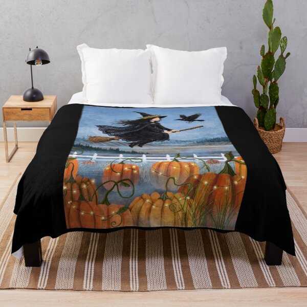 Item preview, Black witch and crow - Low Flight Race - flying low over pumpkin field racing with crow, fairy lights trailing. designed and sold by DibujandoPorfa.