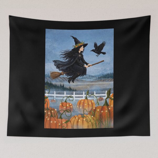 Item preview, Black witch and crow - Low Flight Race - flying low over pumpkin field racing with crow, fairy lights trailing. designed and sold by DibujandoPorfa.