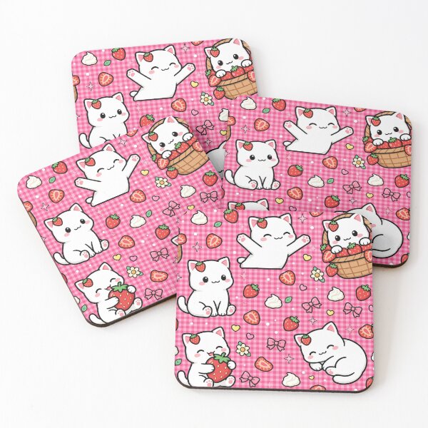 Item preview, Kawaii Cat Strawberry Pattern Pink Gingham Aesthetic designed and sold by LenNo9881.
