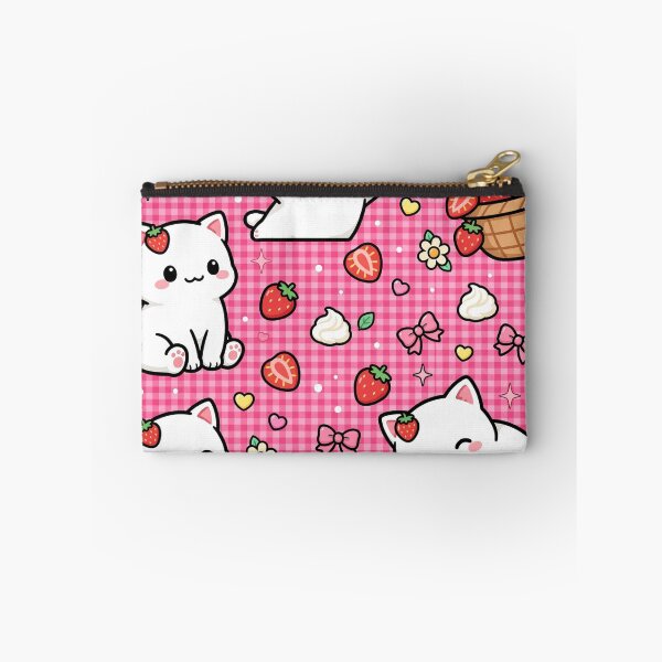 Item preview, Kawaii Cat Strawberry Pattern Pink Gingham Aesthetic designed and sold by LenNo9881.