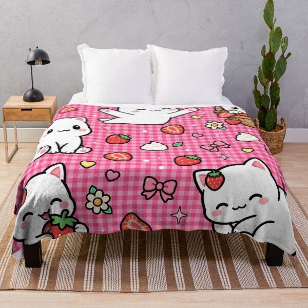 Item preview, Kawaii Cat Strawberry Pattern Pink Gingham Aesthetic designed and sold by LenNo9881.