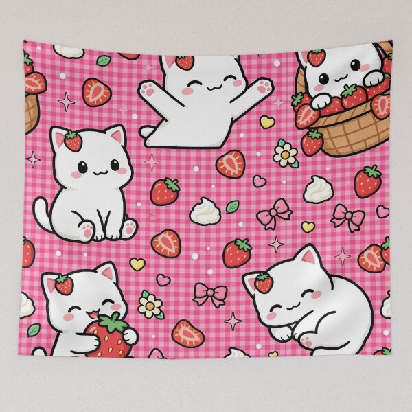 Item preview, Kawaii Cat Strawberry Pattern Pink Gingham Aesthetic designed and sold by LenNo9881.