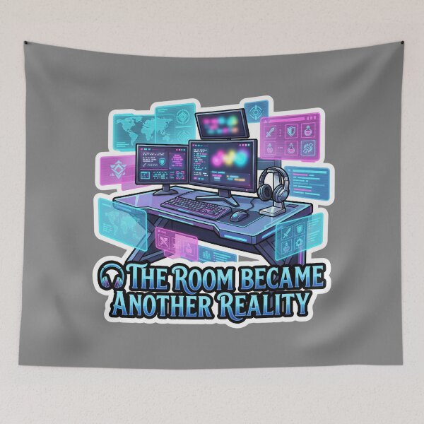 Item preview, Futuristic Floating Hologram Gaming Headphones Desk Illustration designed and sold by KhAIa Reeve Art Studio.