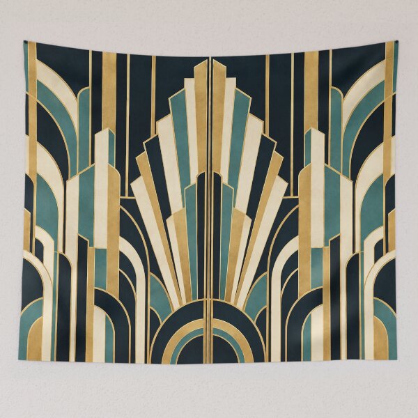 Item preview, Art Deco Architectural Fan – Navy Blue Gold and Teal Geometric Design designed and sold by astersgraphics.