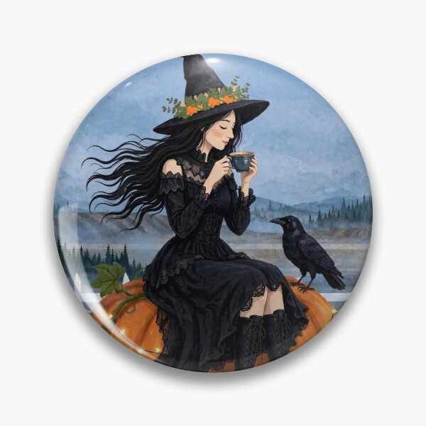 Item preview, The Witch and Her Raven Having Tea on a Giant Pumpkin designed and sold by DibujandoPorfa.