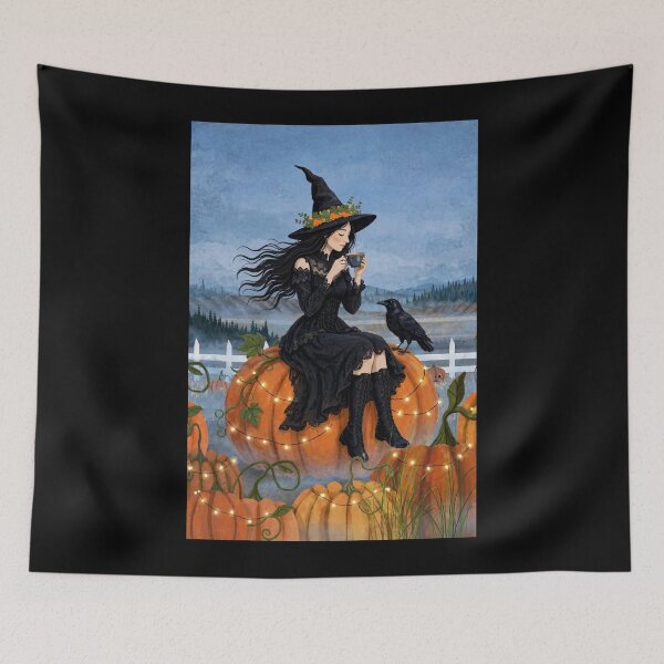 Item preview, The Witch and Her Raven Having Tea on a Giant Pumpkin designed and sold by DibujandoPorfa.