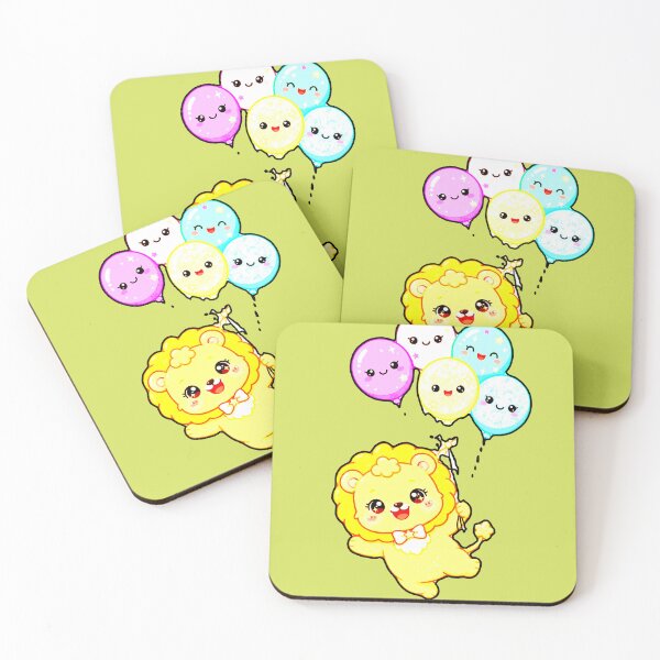 Item preview, Baby Lion with 5 Kawaii Balloons - Yellow Lion with Balloons with Faces designed and sold by AstronautMerch.