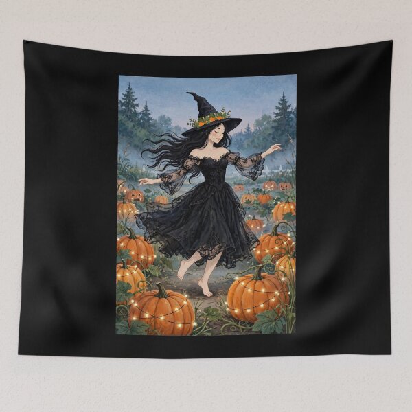 Item preview, The Witch and Her Raven Dancing in a Pumpkin Patch designed and sold by DibujandoPorfa.