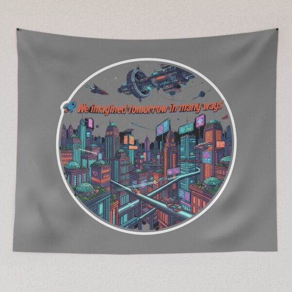 Item preview, Retro Futuristic Metropolis Flying Vehicles Elevated Transit Art designed and sold by KhAIa Reeve Art Studio.