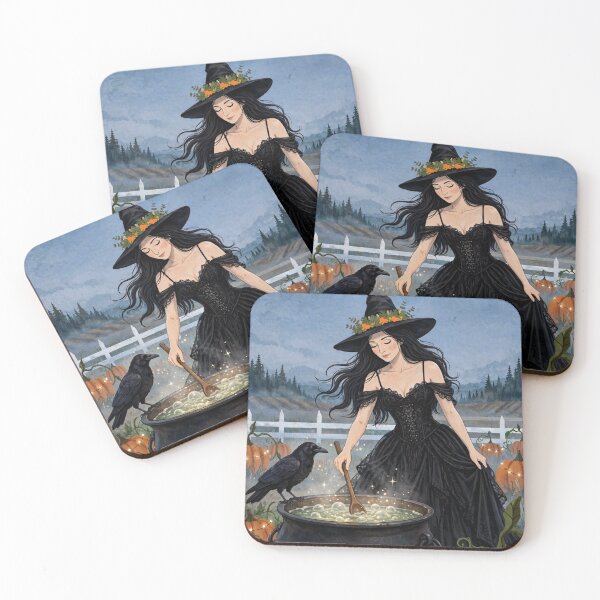 Item preview, The Witch and Her Raven Brewing a Magical Potion in a Cauldron. designed and sold by DibujandoPorfa.