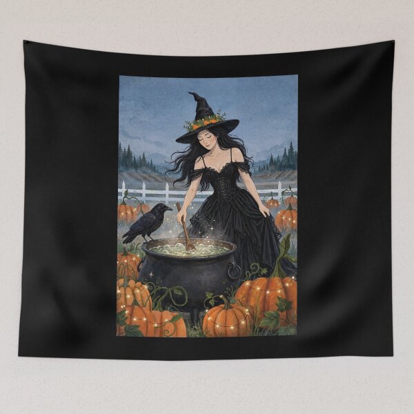 Item preview, The Witch and Her Raven Brewing a Magical Potion in a Cauldron. designed and sold by DibujandoPorfa.