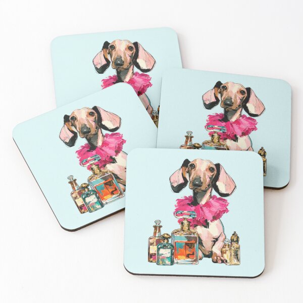 Item preview, Dachshund in Pink Feather Boa with Perfume Bottles Painting designed and sold by joannejgg.