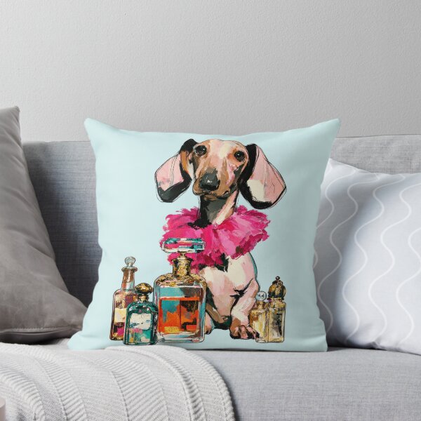Item preview, Dachshund in Pink Feather Boa with Perfume Bottles Painting designed and sold by joannejgg.