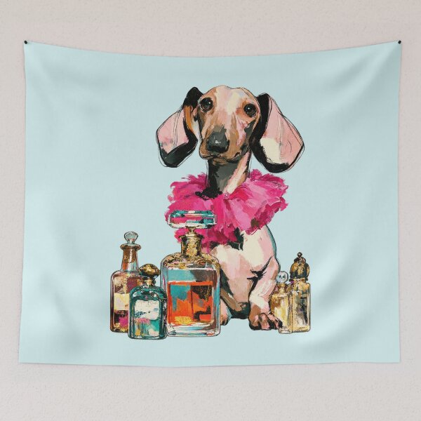 Item preview, Dachshund in Pink Feather Boa with Perfume Bottles Painting designed and sold by joannejgg.