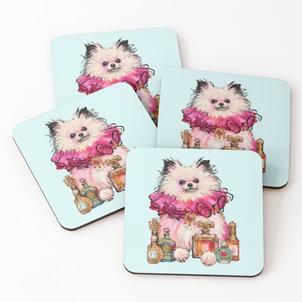 Item preview, Pomeranian in Pink Ruffle Perfume Bottles Glam Dog Illustration designed and sold by joannejgg.