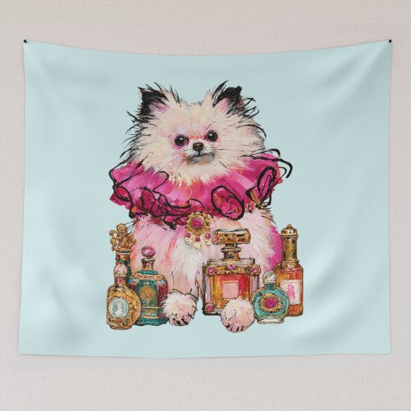 Item preview, Pomeranian in Pink Ruffle Perfume Bottles Glam Dog Illustration designed and sold by joannejgg.