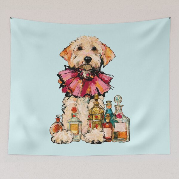 Item preview, Fluffy Dog Pink Ruffled Collar Perfume Bottles Oil Painting designed and sold by joannejgg.