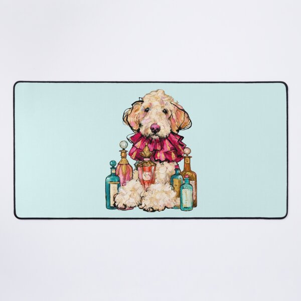 Item preview, Doodle Dog With Perfume Bottles Pink Ruffle Oil Painting designed and sold by joannejgg.