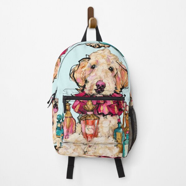 Item preview, Doodle Dog With Perfume Bottles Pink Ruffle Oil Painting designed and sold by joannejgg.