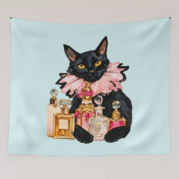 Item preview, Black Cat Pink Ruffled Collar Perfume Bottles Oil Painting designed and sold by joannejgg.