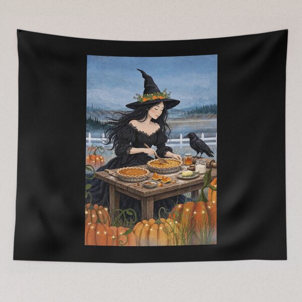 Item preview, The Witch and Her Raven Baking Pumpkin Pies designed and sold by DibujandoPorfa.